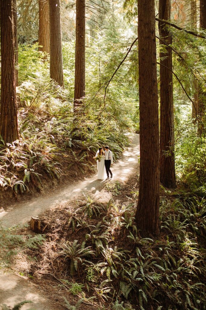 bride and groom walking through the forest